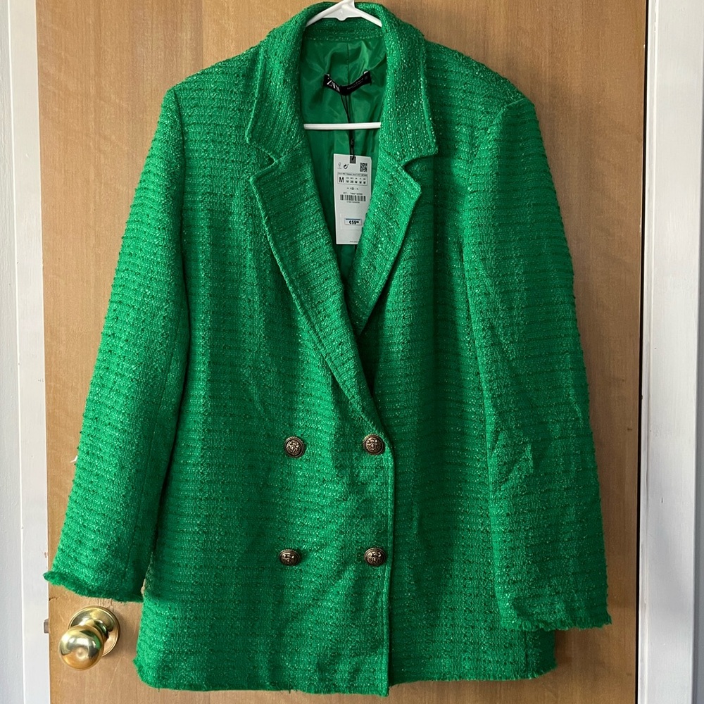 Zara Green Textured Double Breasted Blazer